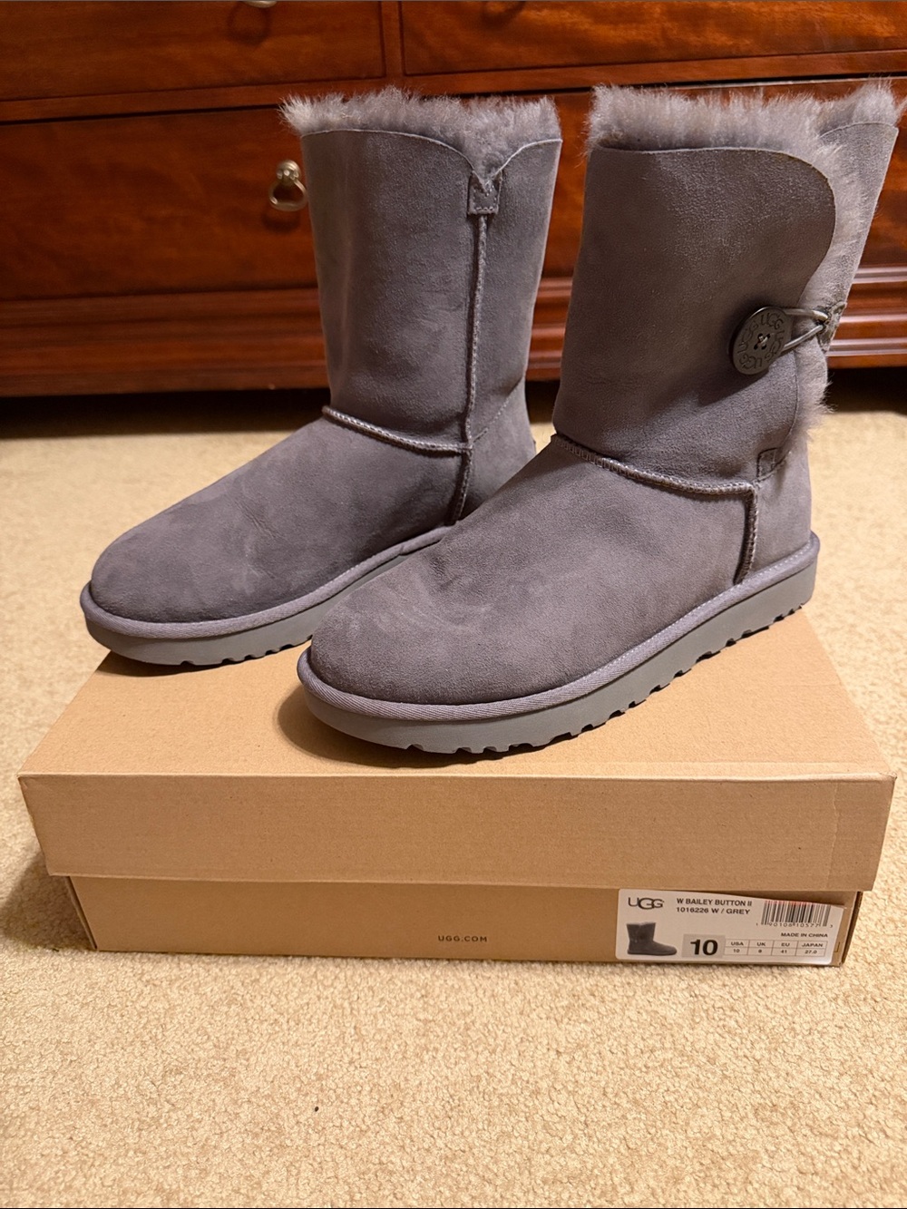 UGG Women's Bailey Button II Boots - Grey Suede (Size 10) - Style 1016226
